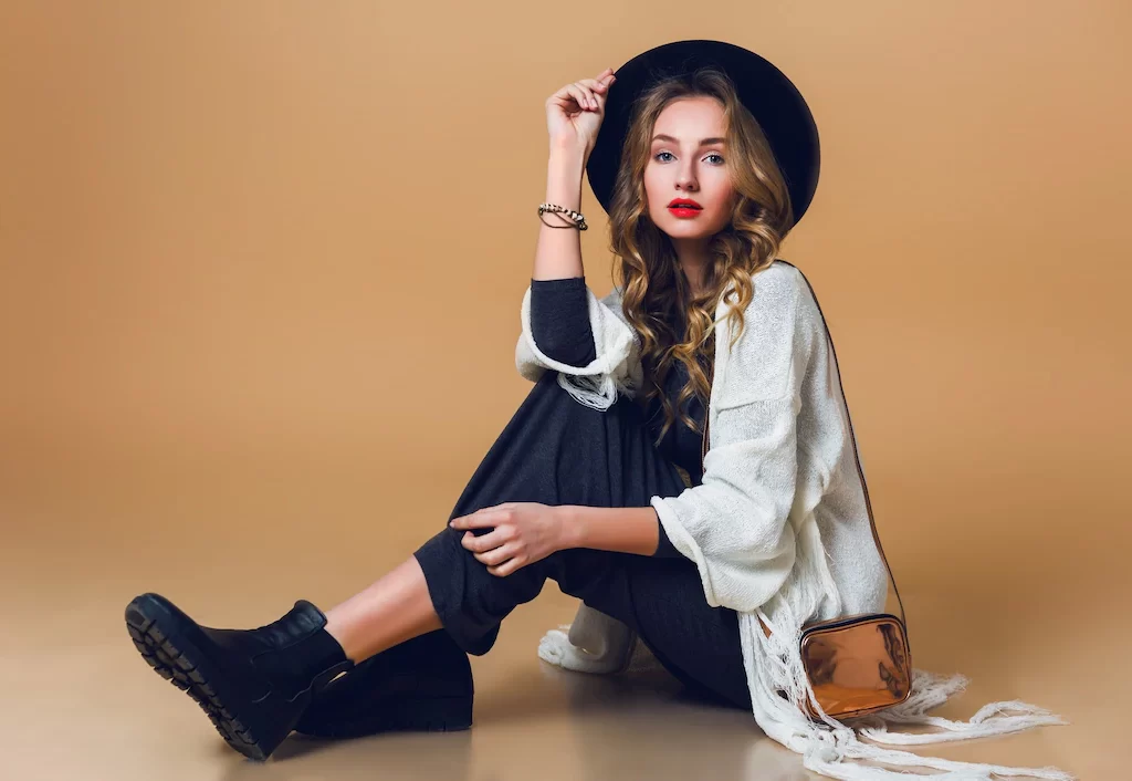 high fashion portrait young elegant blonde woman black wool hat wearing oversize white fringe poncho with long grey dress 273443 3799