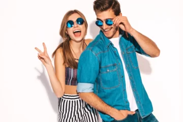 portrait smiling beautiful girl her handsome boyfriend laughing happy cheerful couple sunglasses 158538 5002
